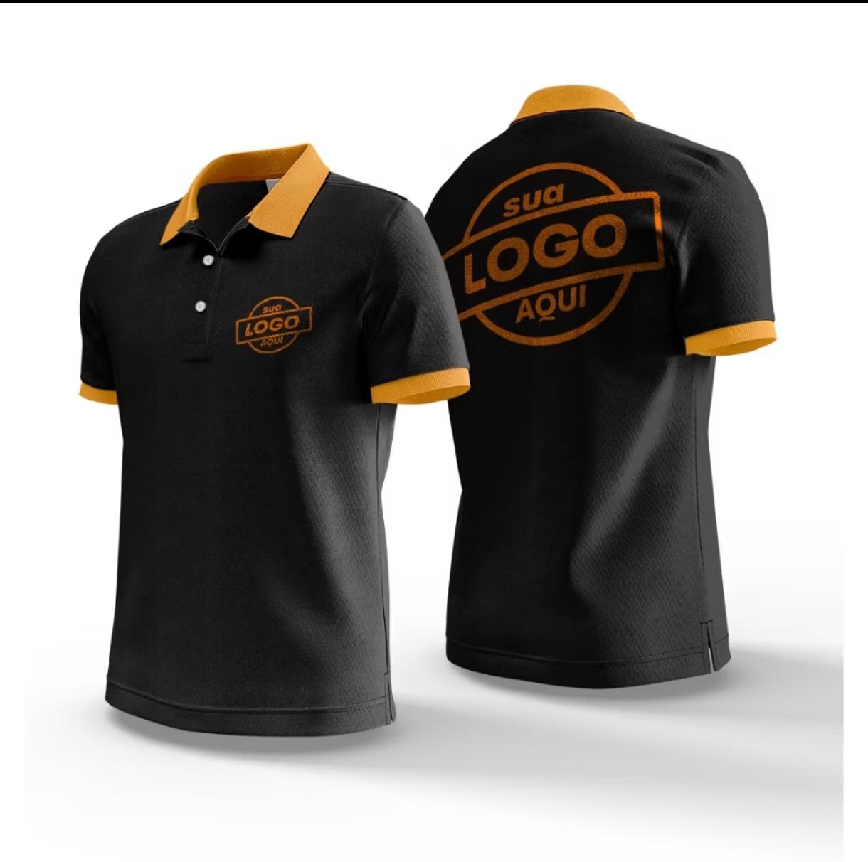 Polo preta com gola laranja e logo personalizado